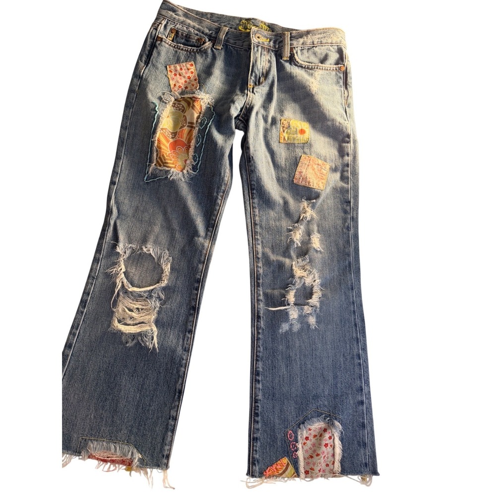 Miss Me Distressed Floral Patchwork Jeans Blue Low Rise Straight Leg Women 29